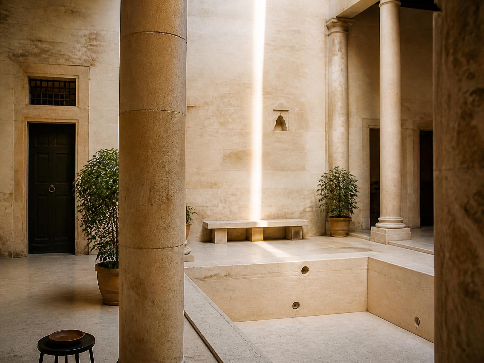Restored Roman palazzo courtyard in travertine with a bare stone bath pool and a shaft of daylight