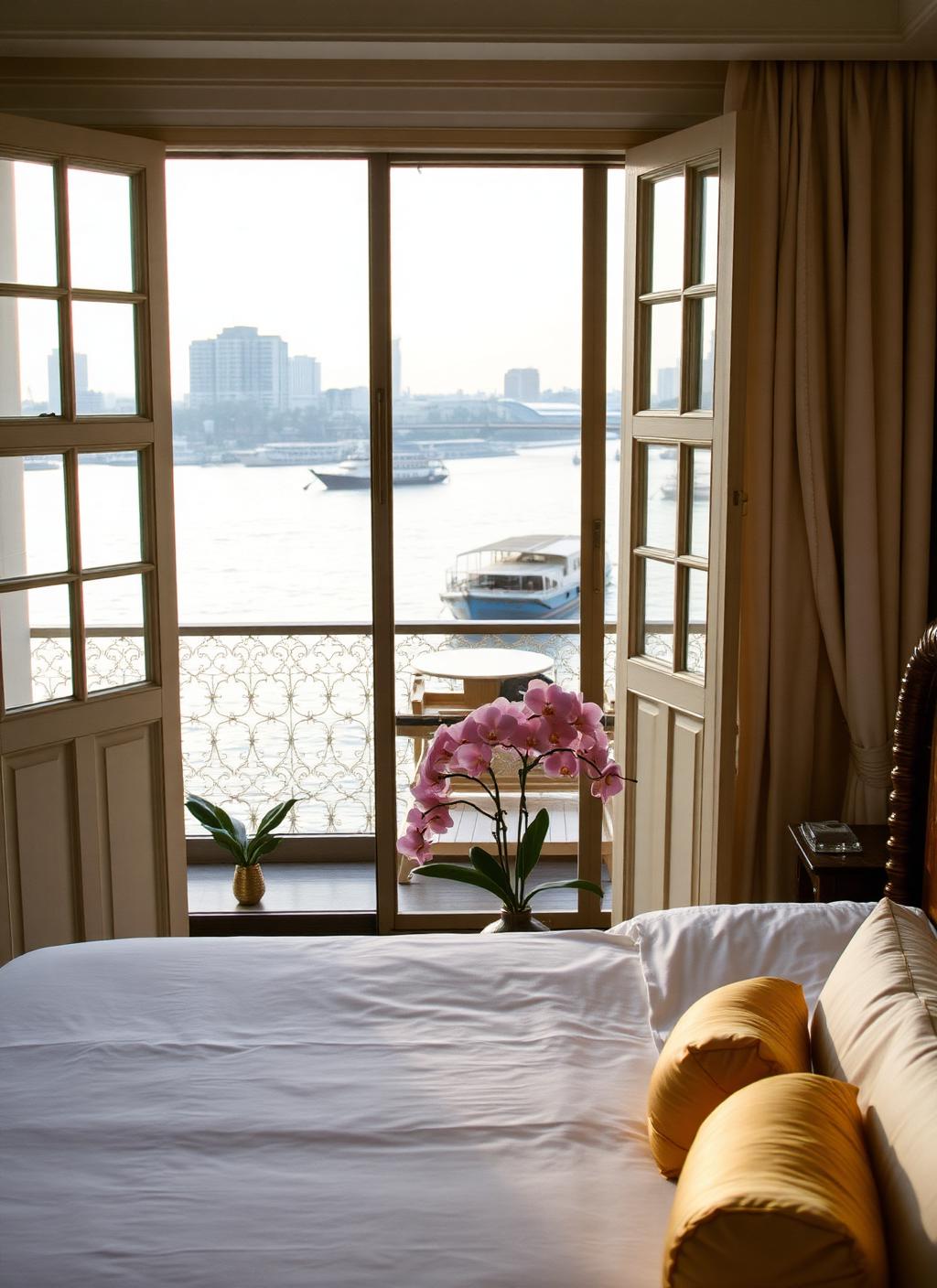 Bedroom in a historic Bangkok riverside hotel at dawn with white linen, teak headboard, Thai silk cushions, orchids and open doors onto a balcony above the Chao Phraya River