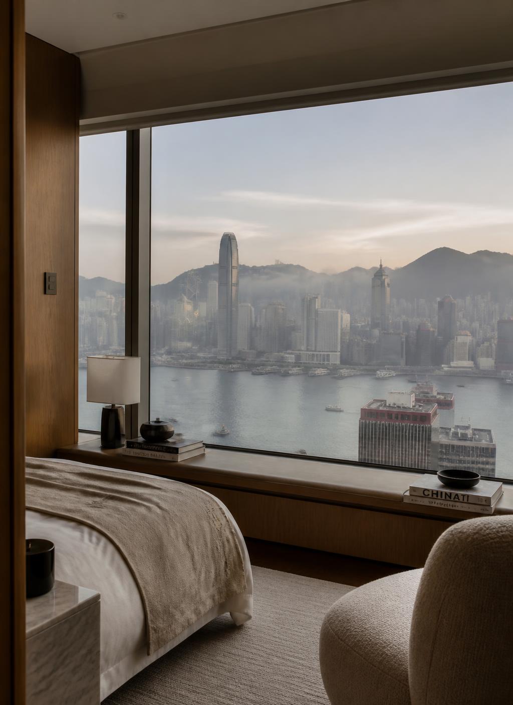 Hotel bedroom high above Victoria Harbour at first light with a floor-to-ceiling window, oak panelling, pale linen bedding and a misty Hong Kong skyline