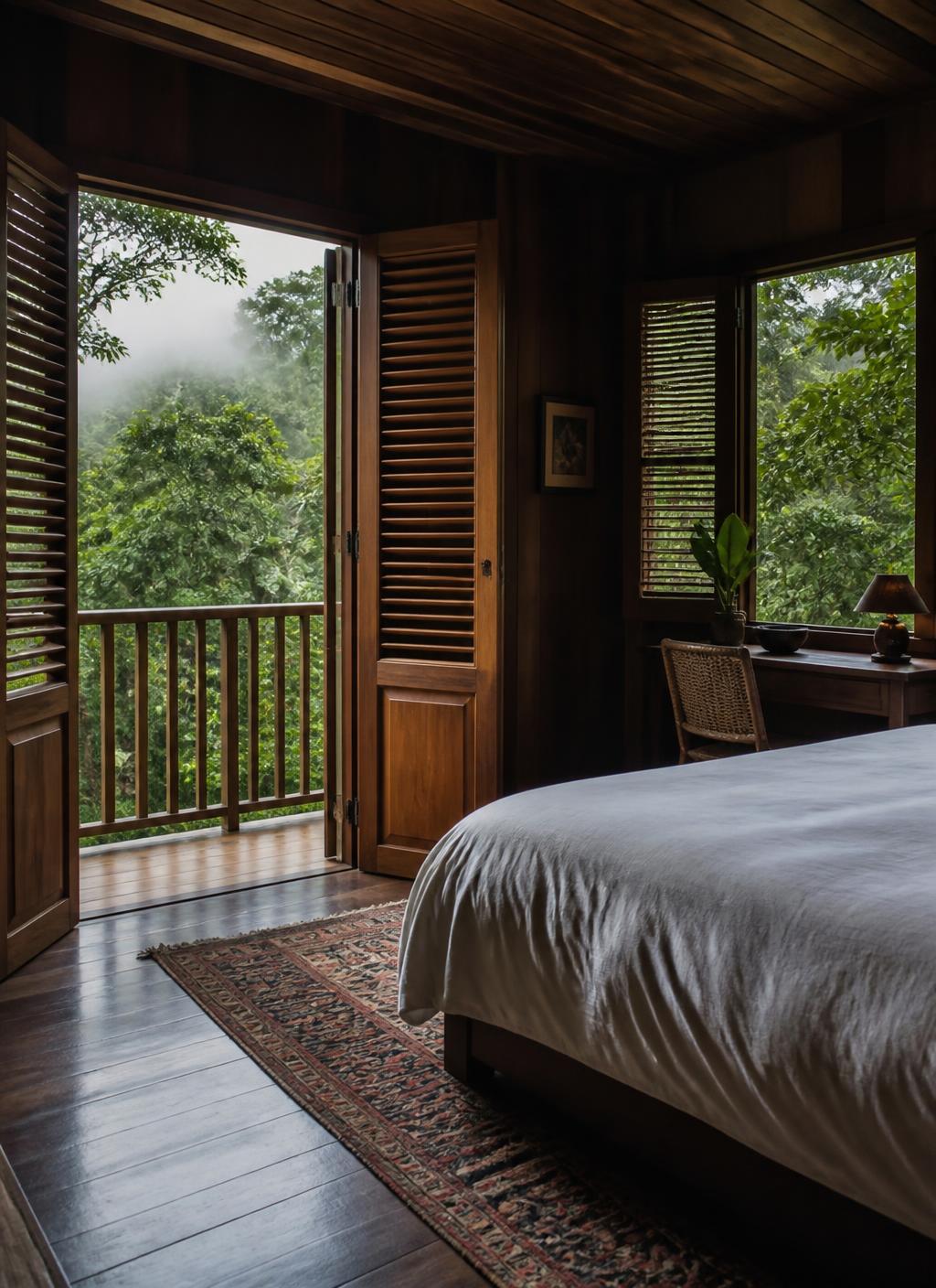 Timber rainforest villa bedroom at dawn with white linen, dark hardwood floors and open shutters onto misty Malaysian jungle canopy