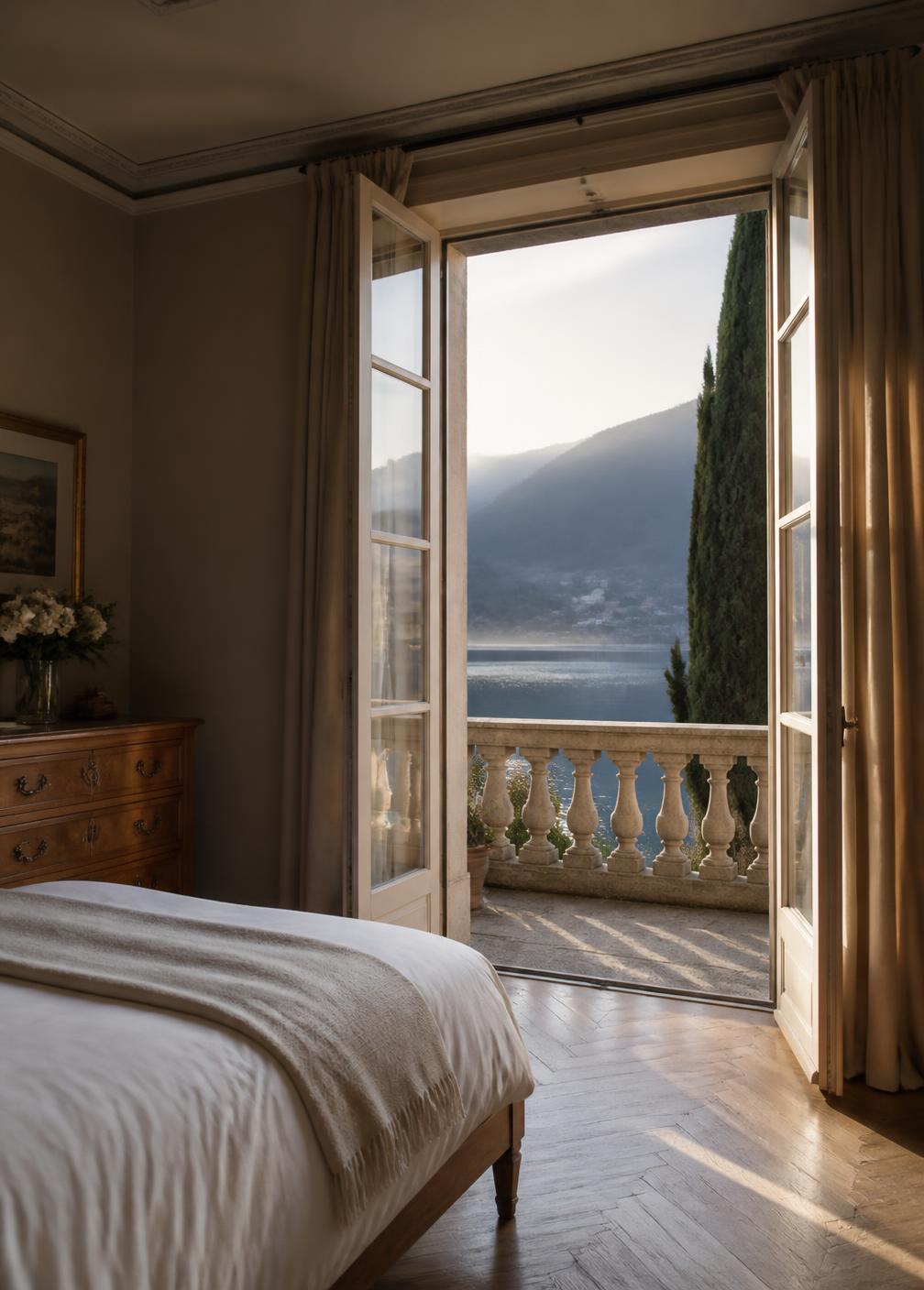 Bedroom in a historic Lake Como villa at dawn with white linen bedding, warm oak furniture and open doors onto a private terrace above the water