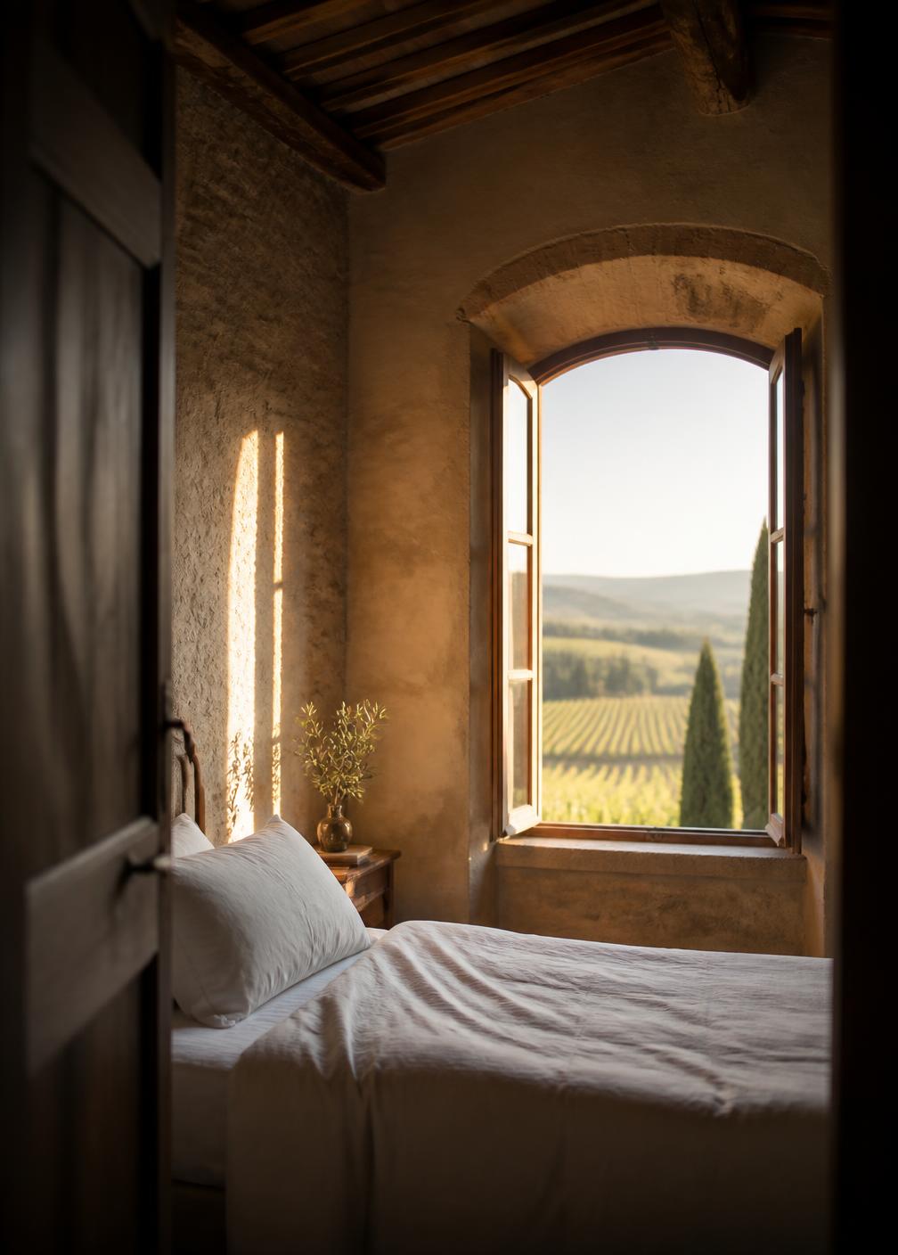 Tuscan castle bedroom at dawn with white linen bedding, timber beams and a window open onto vineyard rows and cypress trees