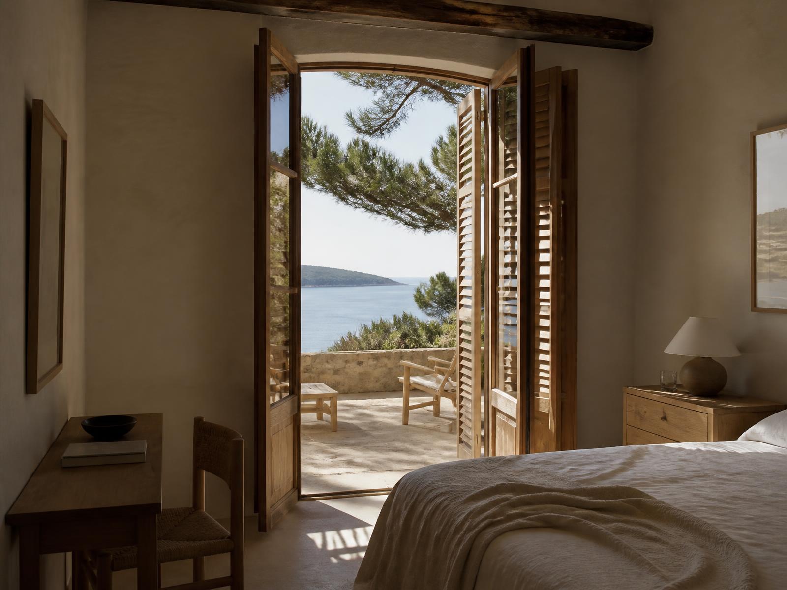 Mediterranean hotel room with white linen bed, oak shutters open onto a stone terrace and the sea beyond