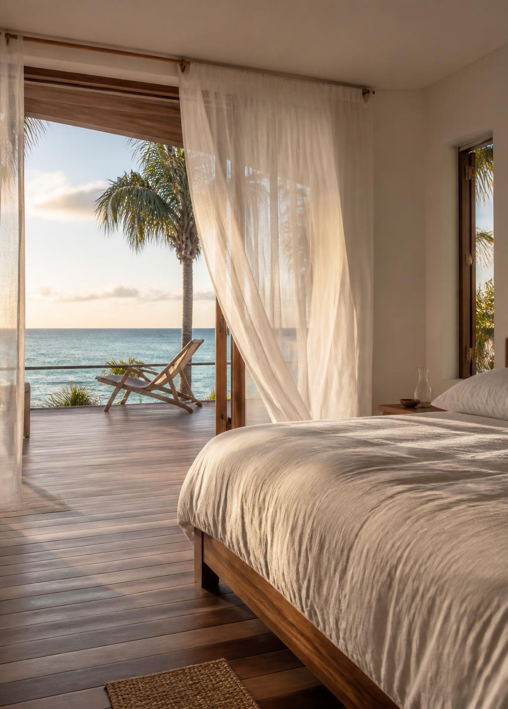 Minimal Caribbean beach house bedroom at sunrise with white linen bedding, teak floors and open doors onto turquoise sea