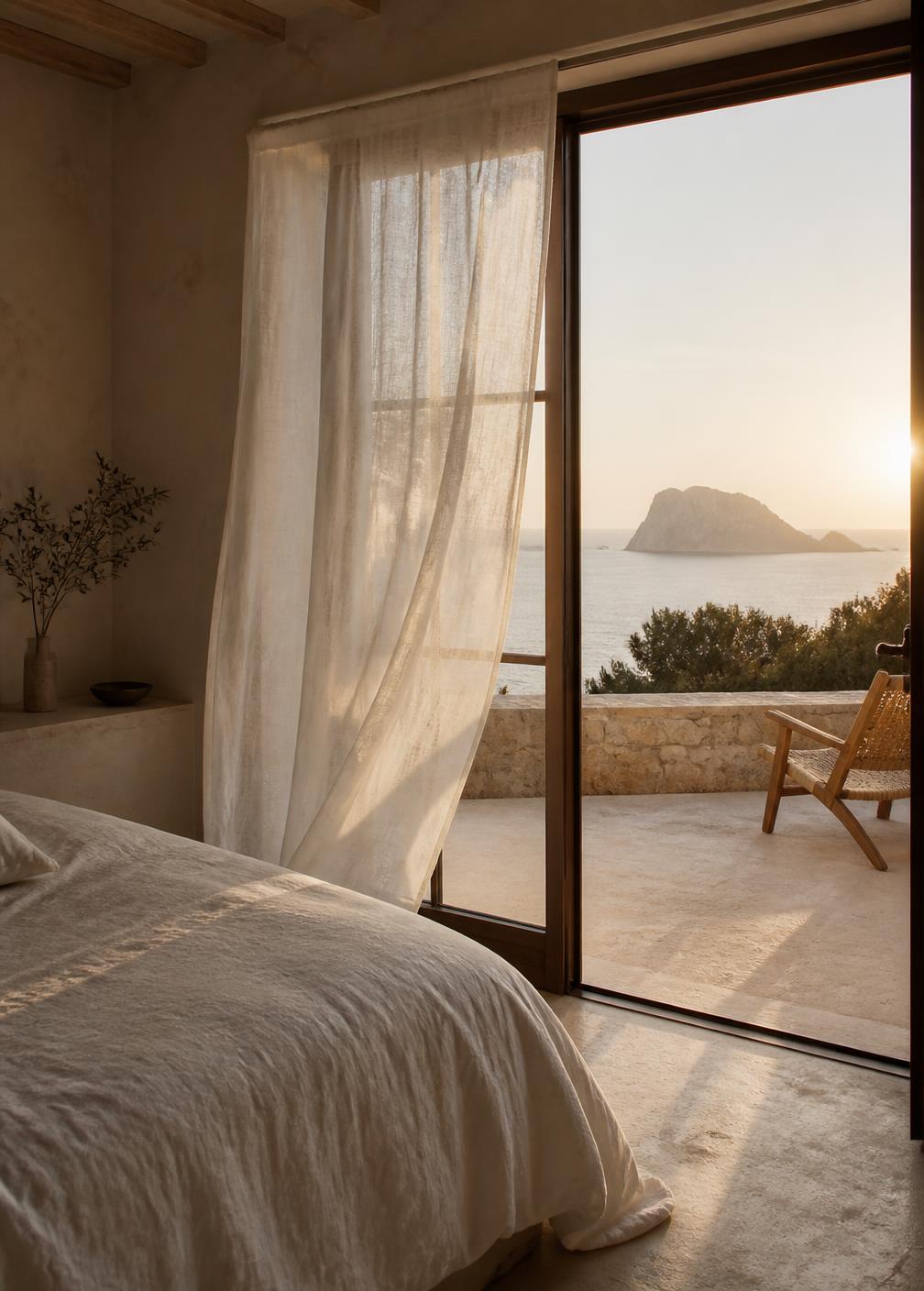 Minimal Mediterranean bedroom at sunrise with white linen bedding, limestone walls and open doors onto a private terrace above the Ibiza sea