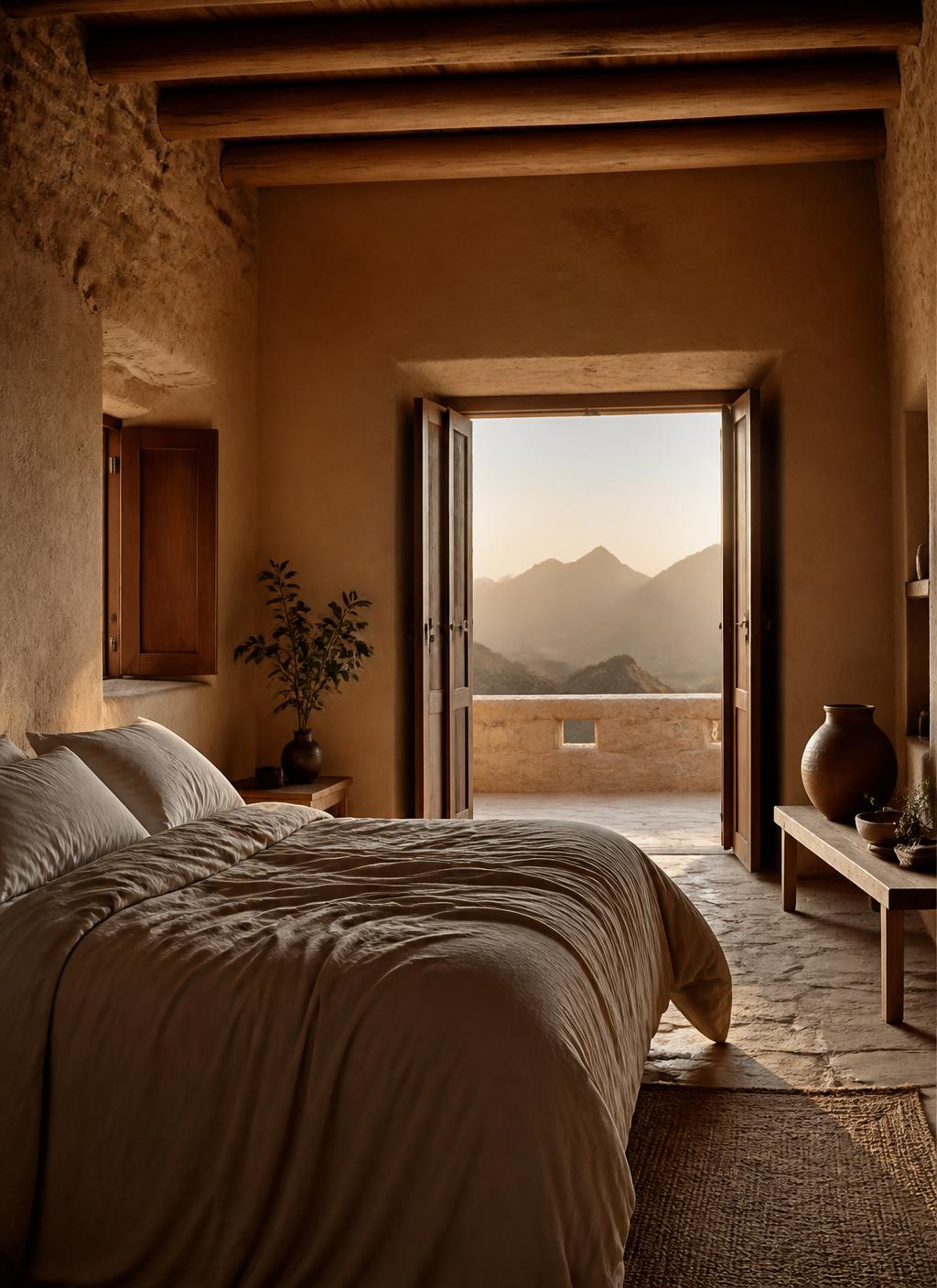 Bedroom in a traditional Omani stone house at sunrise with earth-plaster walls, palm-wood ceiling beams, natural linen bedding and open shutters framing bare desert mountains
