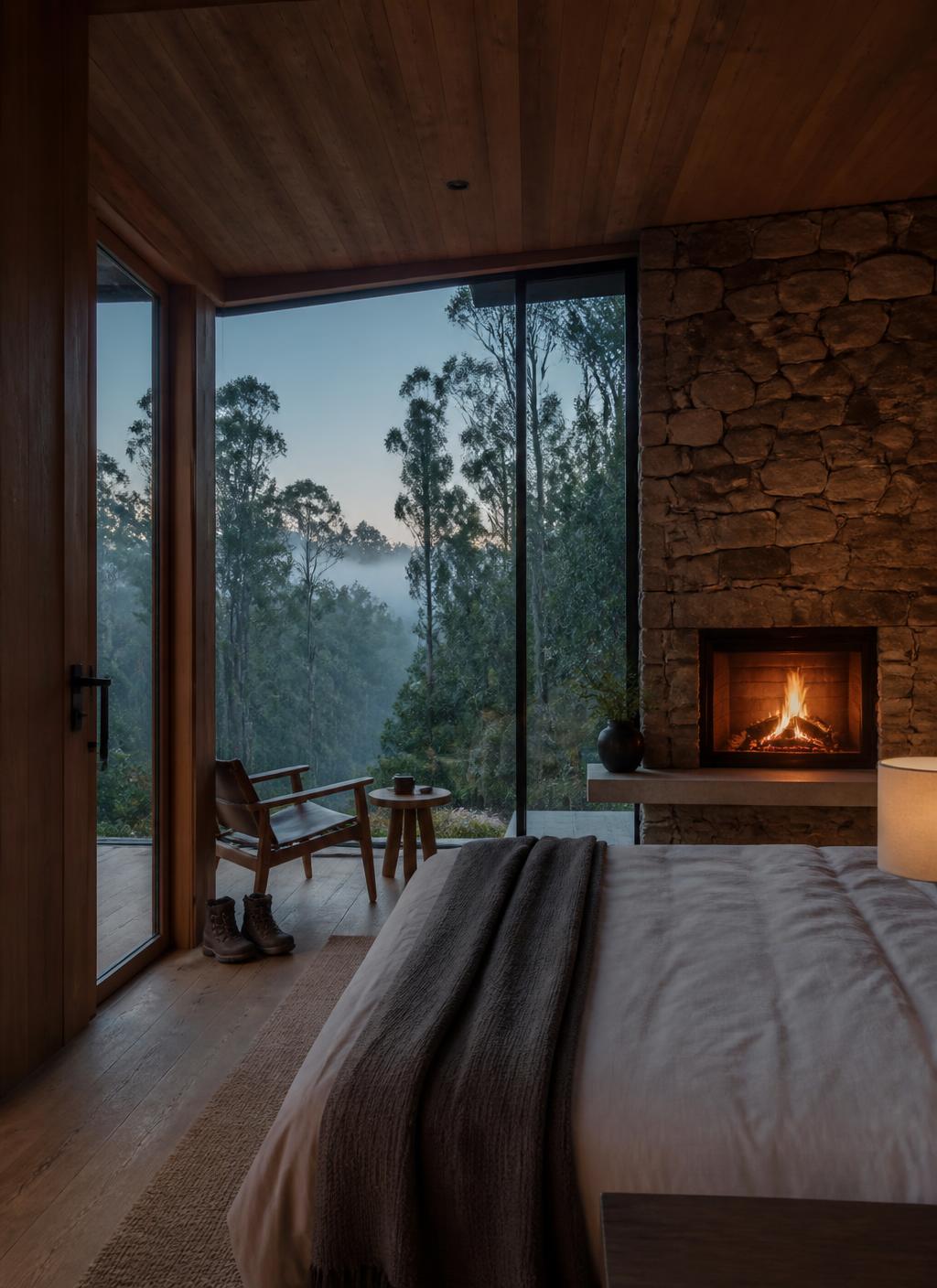 Timber and volcanic stone bedroom at a Rwandan forest lodge before dawn with a lit fireplace, white linen, walking boots by the door and misty eucalyptus beyond the glass