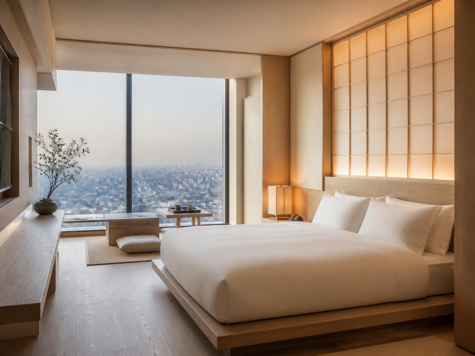 Minimal Japanese-inspired suite with pale wood floor, low bed in white linen and a floor-to-ceiling window over Tokyo
