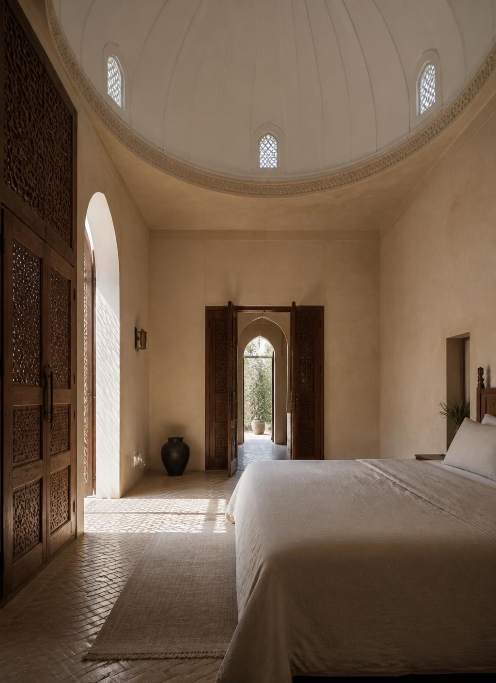 Moroccan pavilion bedroom at dawn with a high white domed ceiling, carved cedar doors, pale linen and geometric light falling through a moucharabieh screen