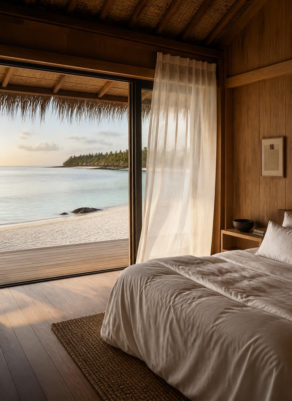 Minimal timber beachfront villa bedroom at first light with white linen, woven matting and open glass doors onto white sand and a pale turquoise Tetiaroa lagoon
