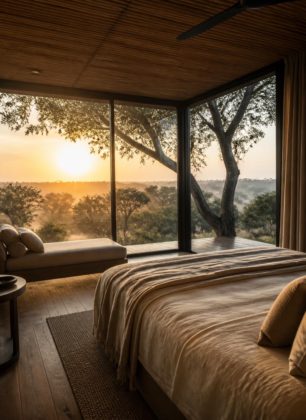 Bedroom of a glass-walled safari suite at sunrise, natural linen bedding, warm timber floor and floor-to-ceiling glass framing misted Kruger bush