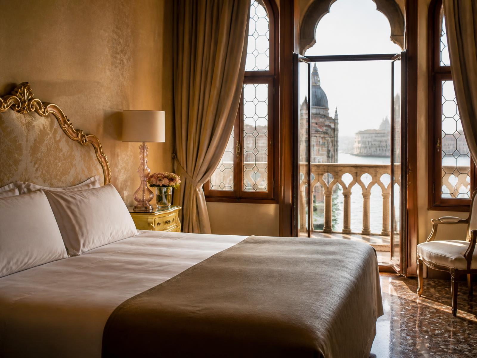 Venetian hotel bedroom with silk headboard, Murano glass lamp and open balcony doors overlooking the lagoon at morning