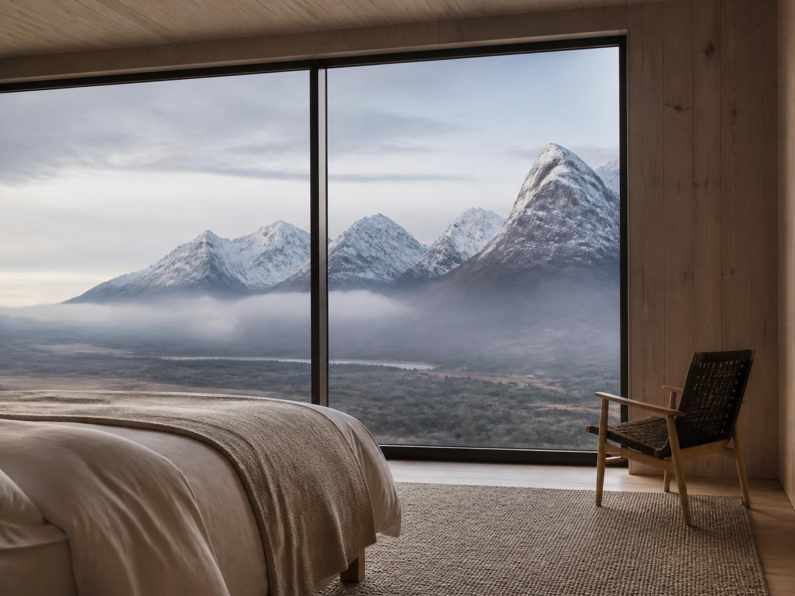 Quiet Patagonian lodge bedroom with a floor-to-ceiling window filled by snow-covered mountains and morning mist, white linen bed, pale timber walls and a single chair facing the view