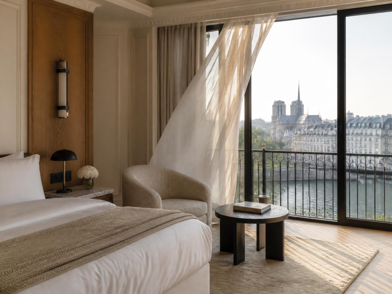 Parisian suite bedroom with floor-to-ceiling windows over the Seine, warm oak panelling, white linen and a sheer curtain lifting in morning light