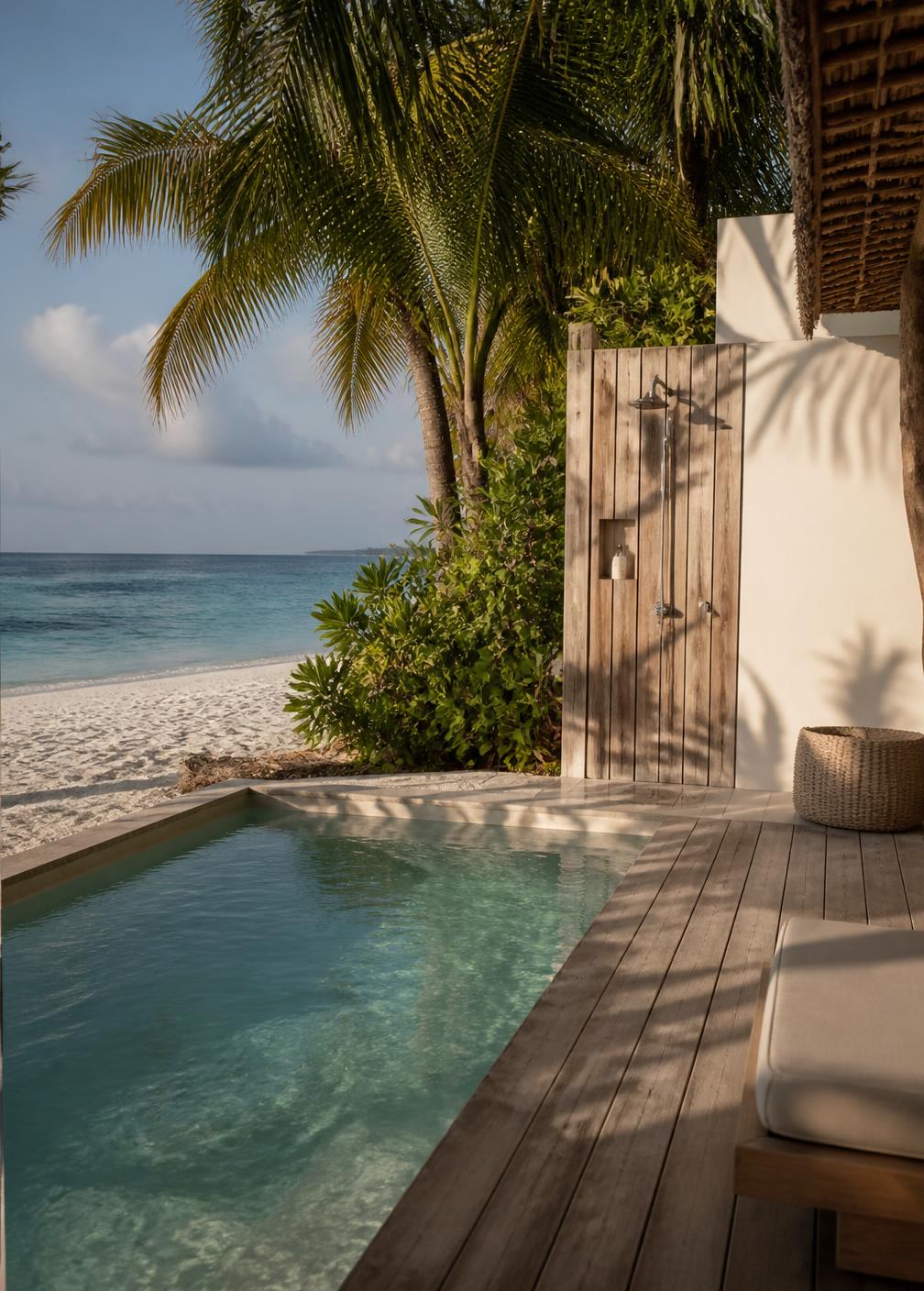 Private villa plunge pool on white sand beside a timber deck with a weathered teak outdoor shower and palms