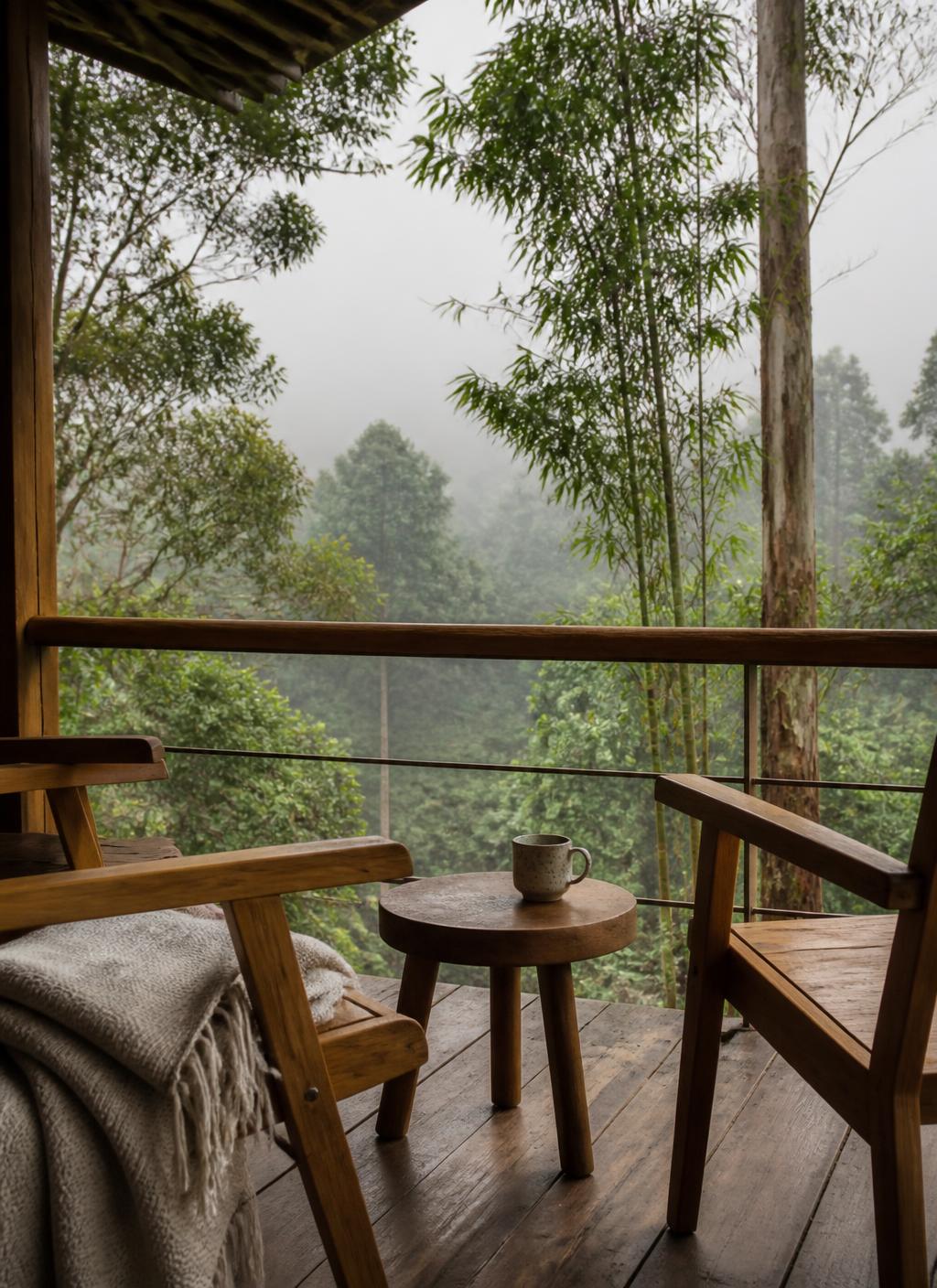 Private timber terrace of a Rwandan forest lodge in morning mist with two wooden chairs, a wool throw and a handmade ceramic cup