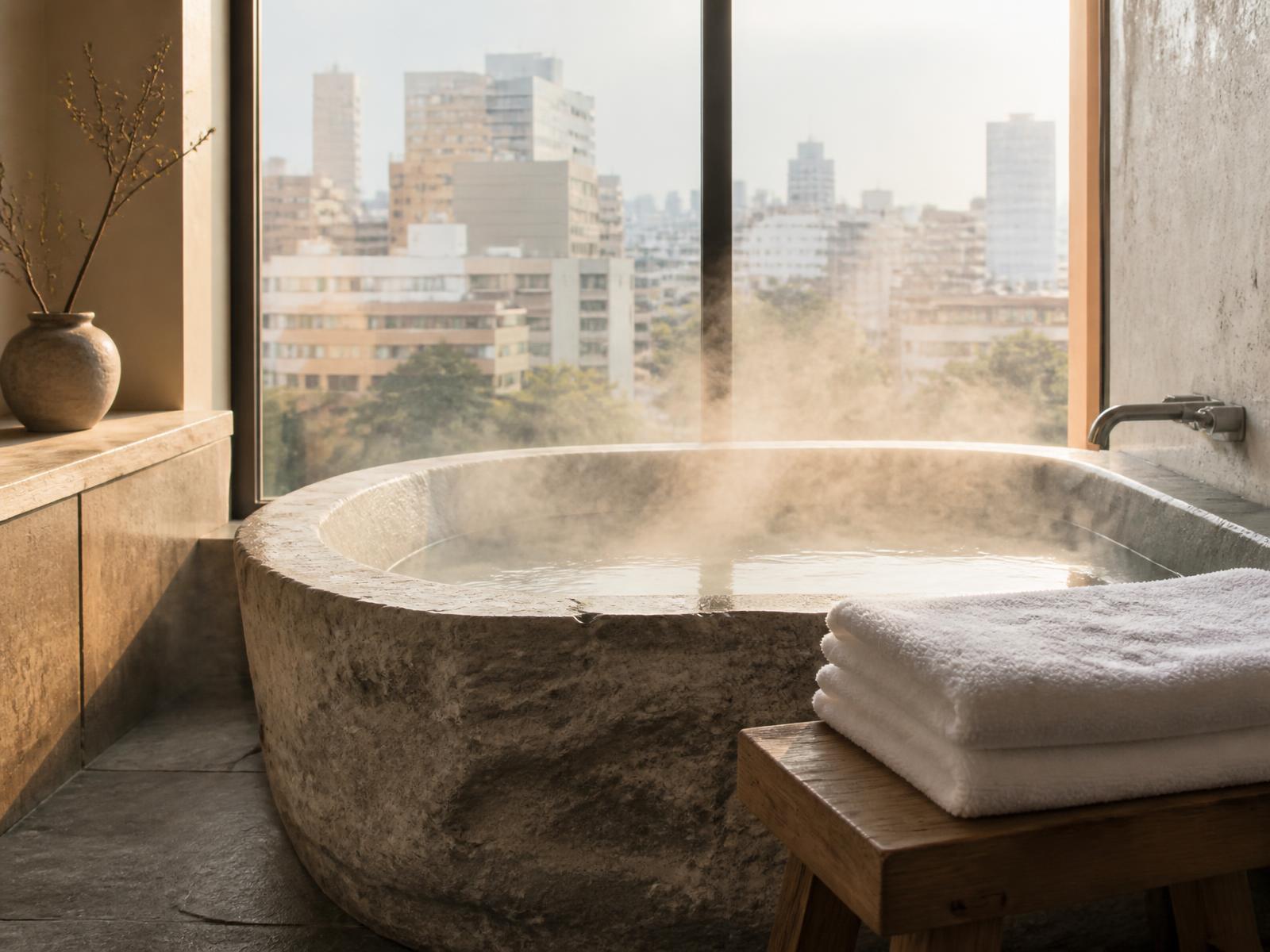 Deep stone soaking tub beside a tall window with a hazy Tokyo view, folded white towels on a timber stool
