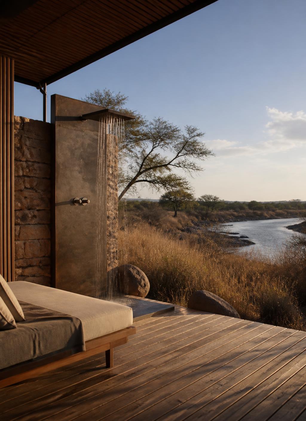 Private timber deck of a safari suite in late afternoon with a linen daybed, an outdoor shower of weathered steel and stone, dry golden grass and a river bend beyond