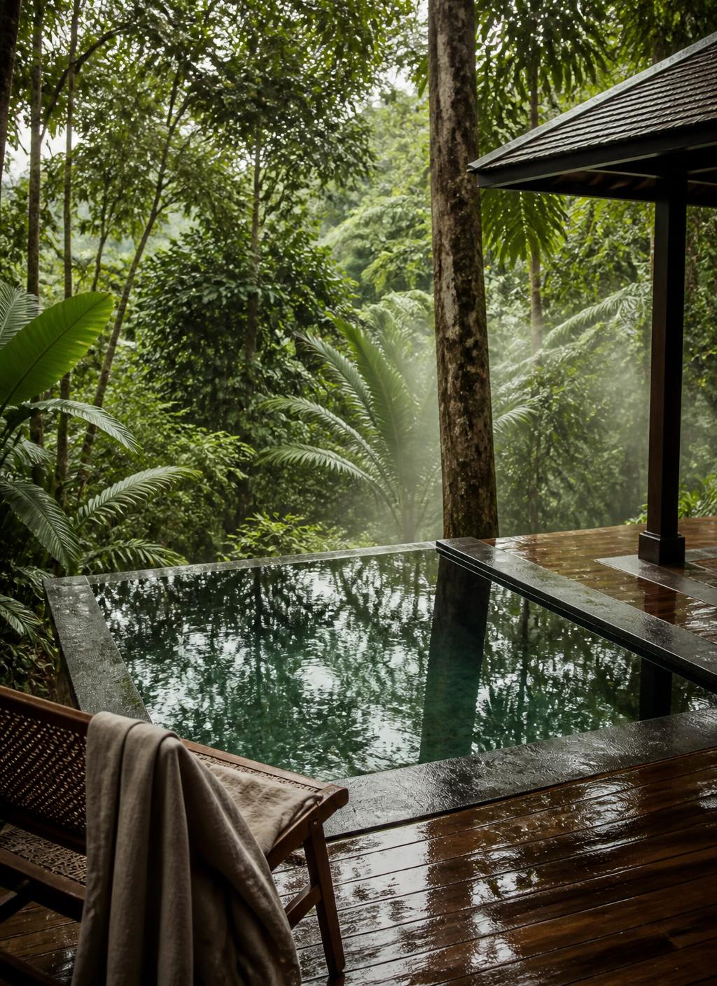 Private plunge pool on a wet timber deck surrounded by dense Malaysian rainforest canopy with mist rising after rain