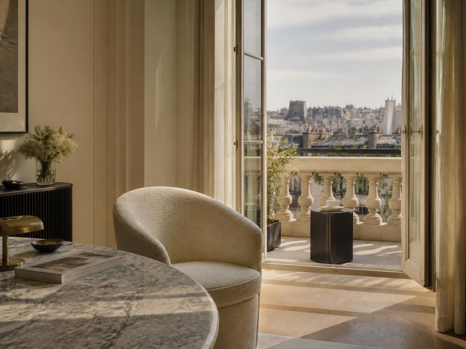 Corner of a Parisian residence with a private terrace, French doors open onto rooftops, marble table and a tailor-made boucle armchair in morning sun