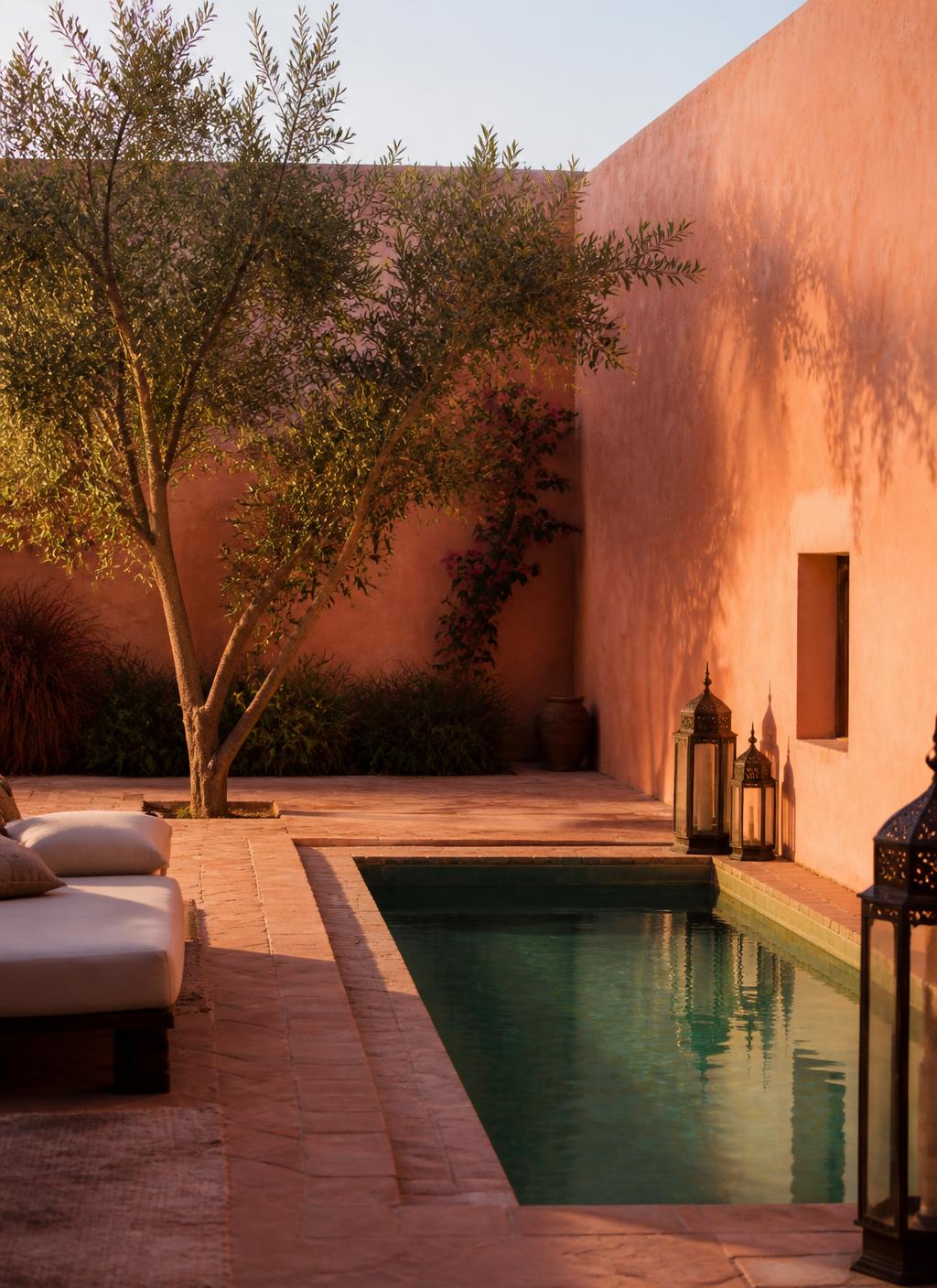 Private walled Moroccan courtyard at golden hour with a small heated pool, rose-coloured pisé walls, an olive tree, terracotta paving and unlit lanterns