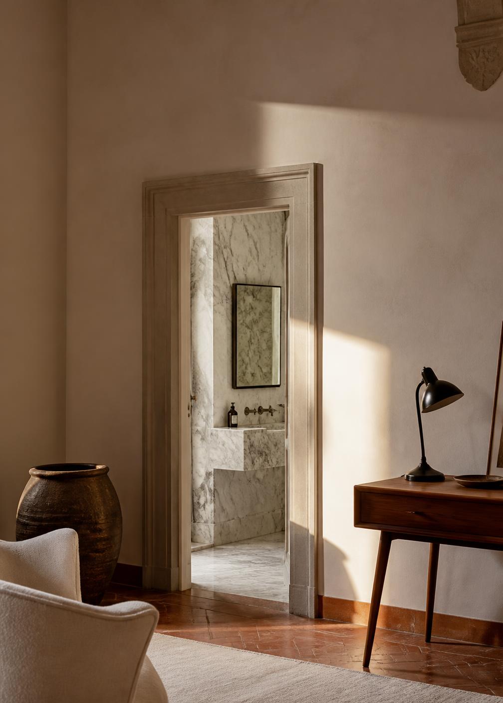 Corner of a suite in a restored Italian lakeside villa with linen armchair, Italian wooden desk and a marble bathroom beyond an old stone doorway