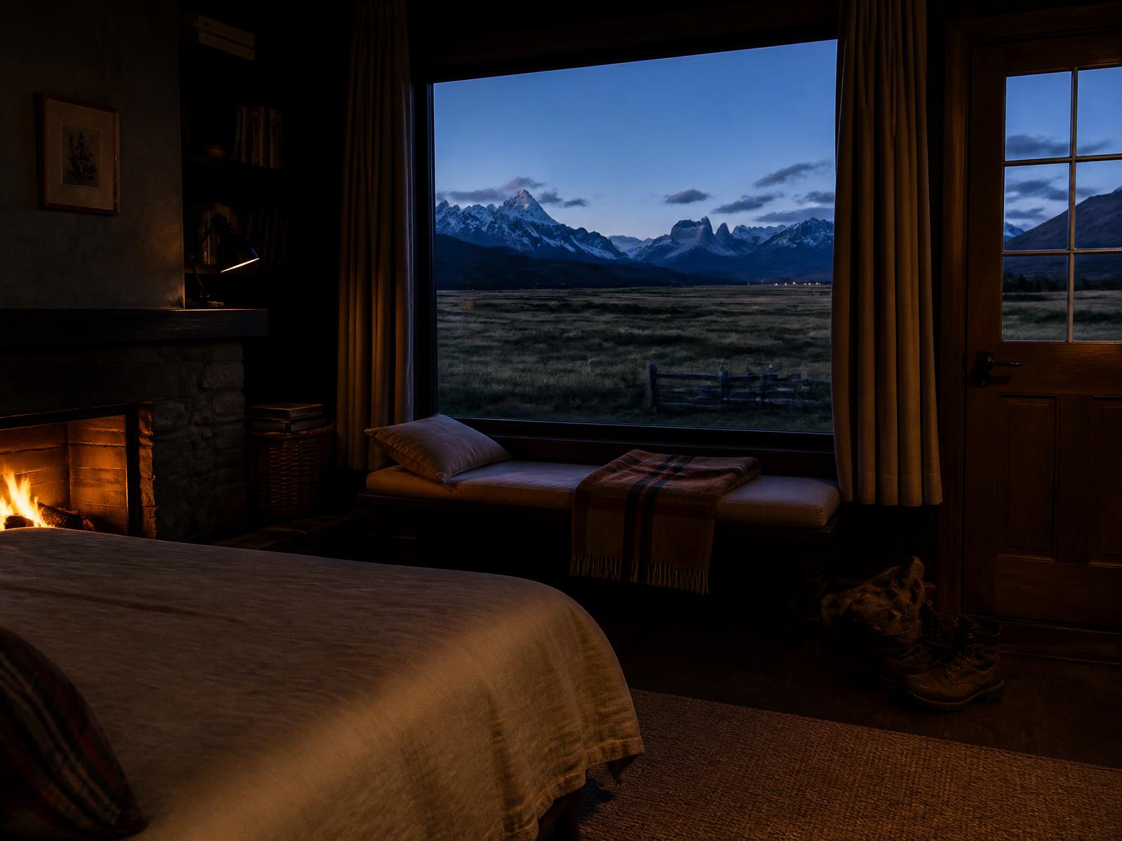 Patagonian lodge room at dusk with a lit fireplace, warm lamp light, wool blanket, muddy walking boots by the door and a dark window showing the last blue light on distant peaks