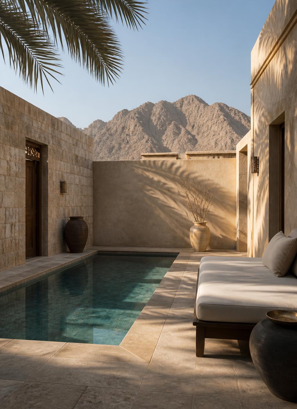 Private walled courtyard of an Omani stone villa in late afternoon with a still turquoise plunge pool, palm shadows on plaster walls and bare mountains beyond