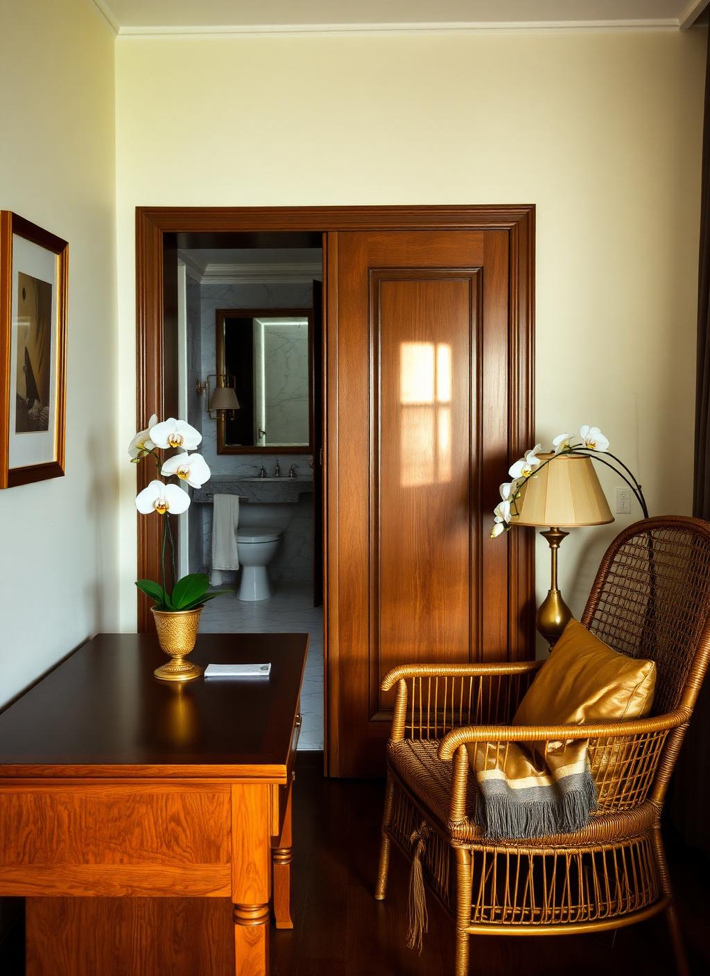 Corner of a suite in a colonial Bangkok hotel with teak writing desk, rattan armchair, Thai silk throw, brass lamp and a marble bathroom beyond a teak doorway