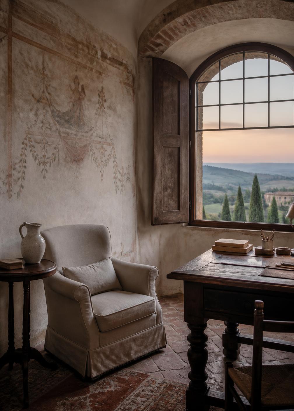 Quiet suite corner in a restored Tuscan castle with linen armchair, oak writing desk and a faded fresco beside an arched window at dusk