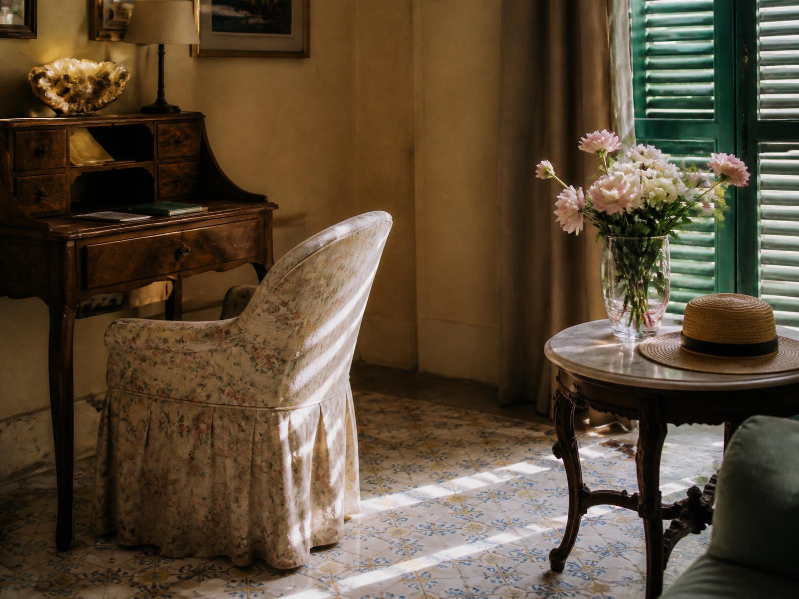 Corner of an Italian Riviera suite with an antique writing desk, floral armchair, straw hat and green shutters casting striped afternoon light
