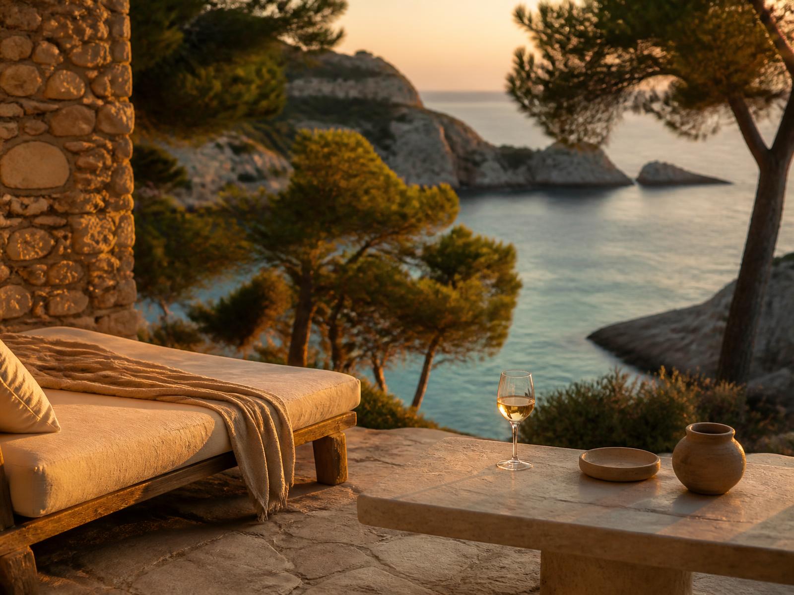 Private stone terrace with a linen daybed and a glass of white wine above a turquoise bay at dusk