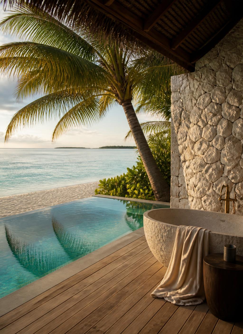 Private infinity plunge pool on a timber deck beside a stone outdoor bathtub, coconut palms and the turquoise South Pacific lagoon of Tetiaroa beyond