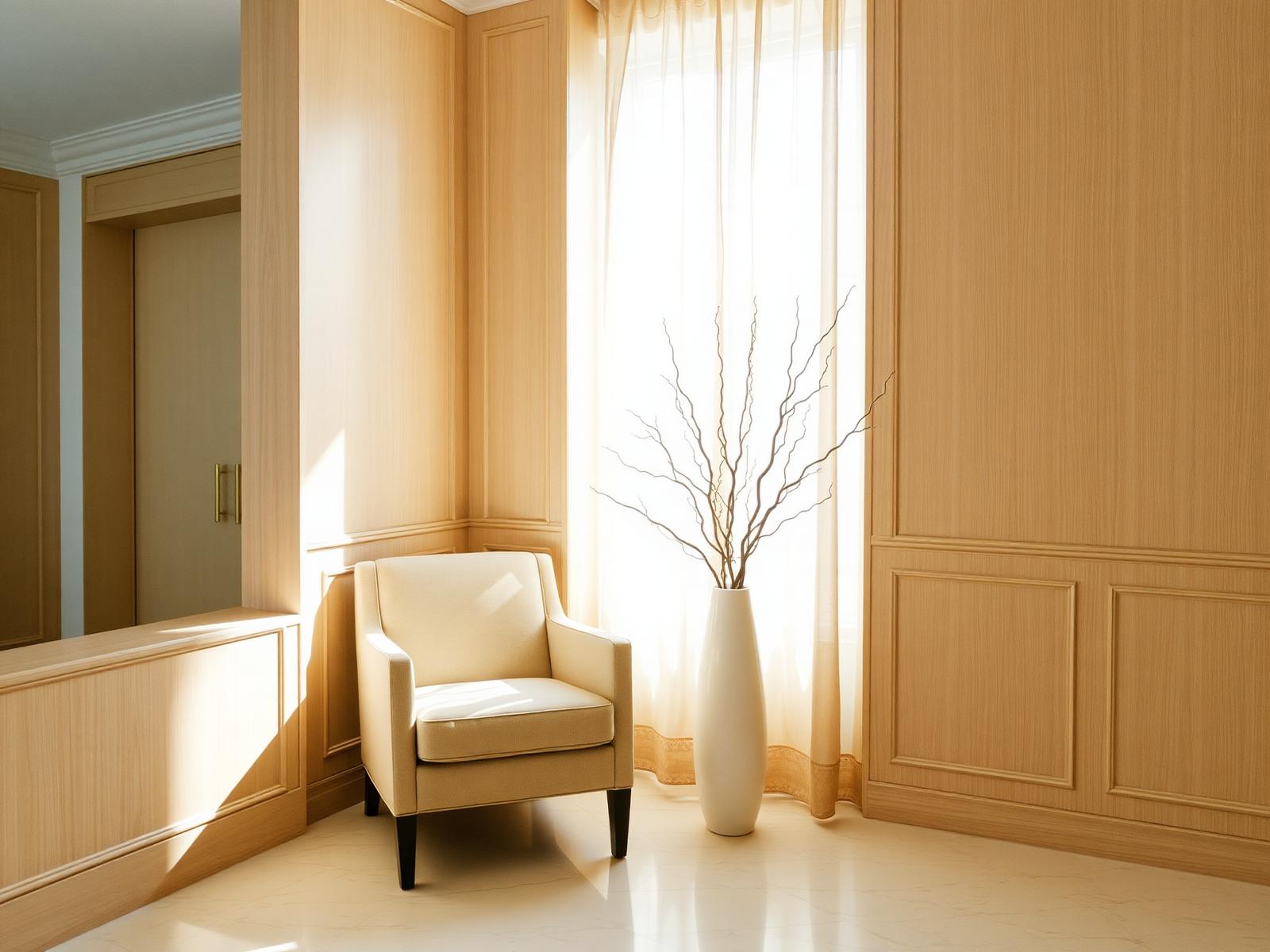 Pale oak panelled salon corner with a linen armchair beside a tall curtained window