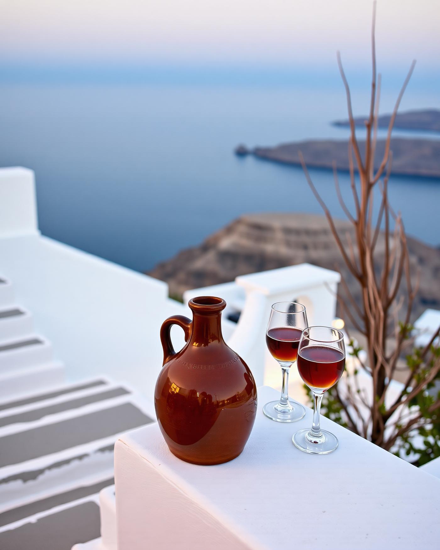 A whitewashed Greek terrace at dusk with a ceramic carafe and two glasses of wine above the caldera