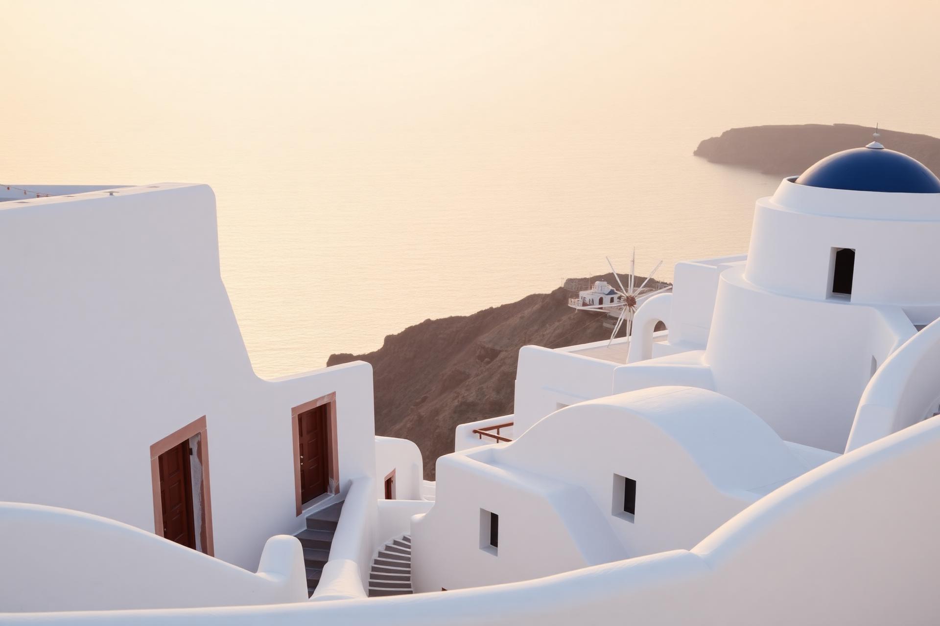 Whitewashed Santorini cave houses with curved plaster walls above the caldera at golden hour