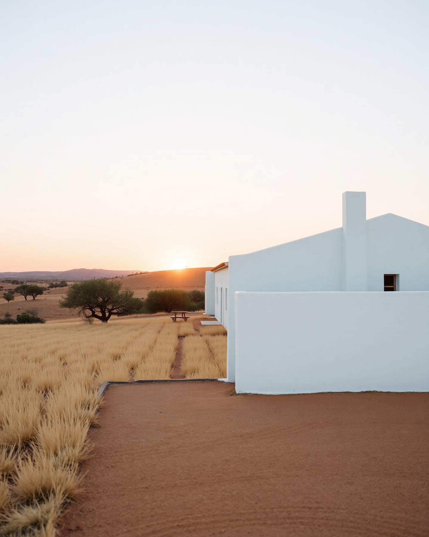 Weiss gekalktes Gut im Alentejo mit goldenem Gras und Korkeichen im Abendlicht