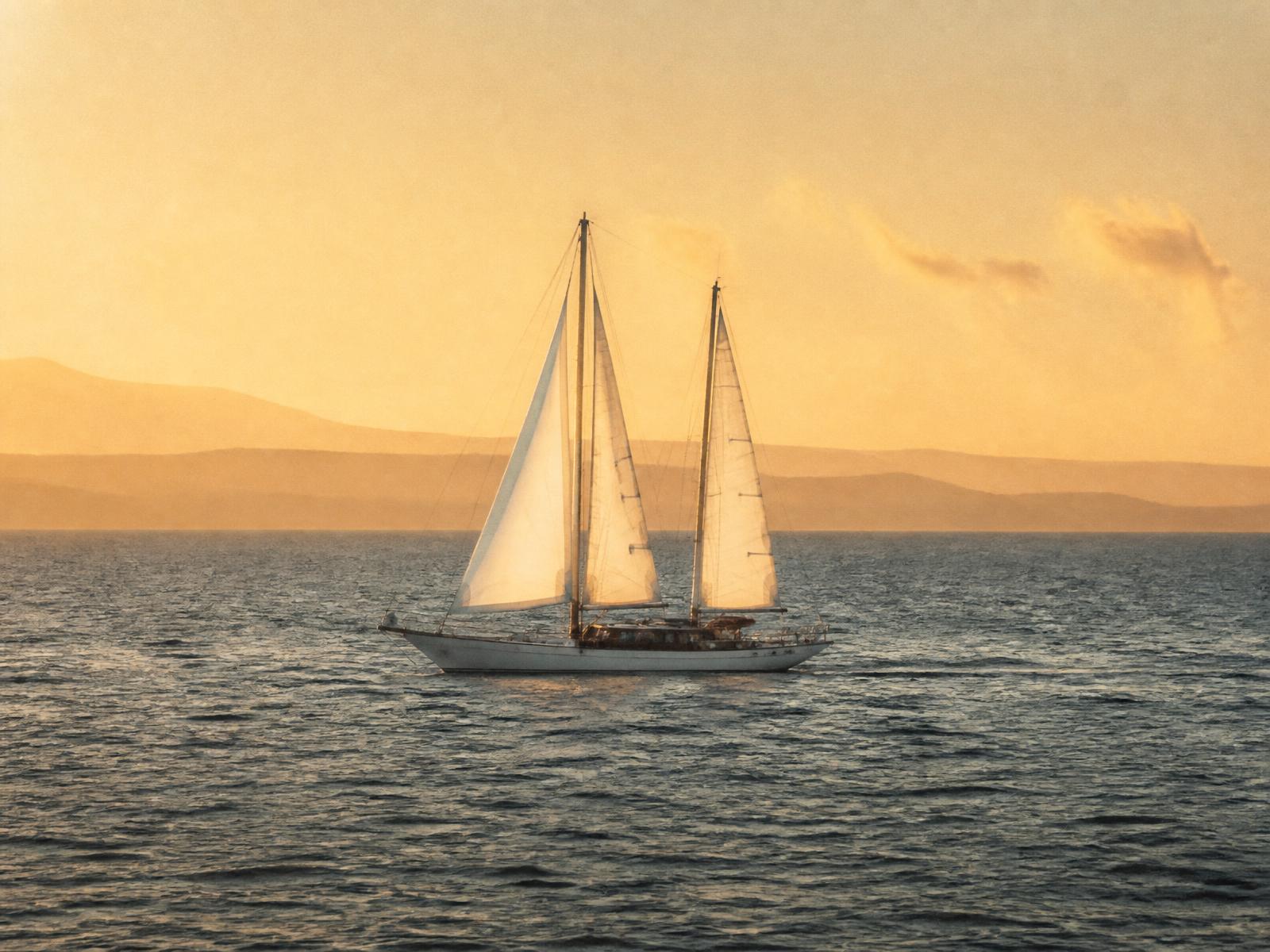 Twin-masted sailing yacht under white sails on a calm sea at golden hour