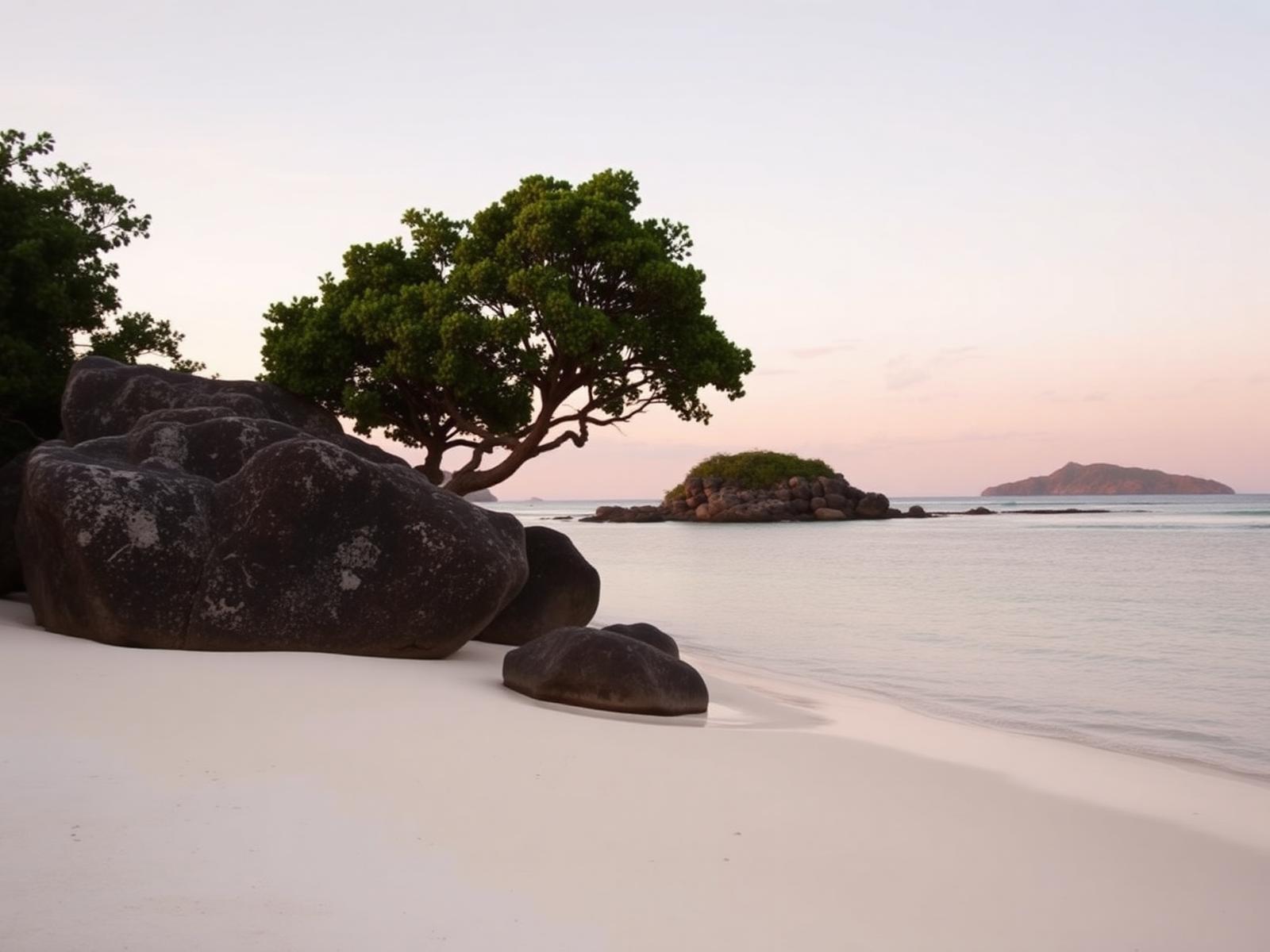 Granite boulders and takamaka trees on a pale Seychellois beach beside calm clear water at dusk