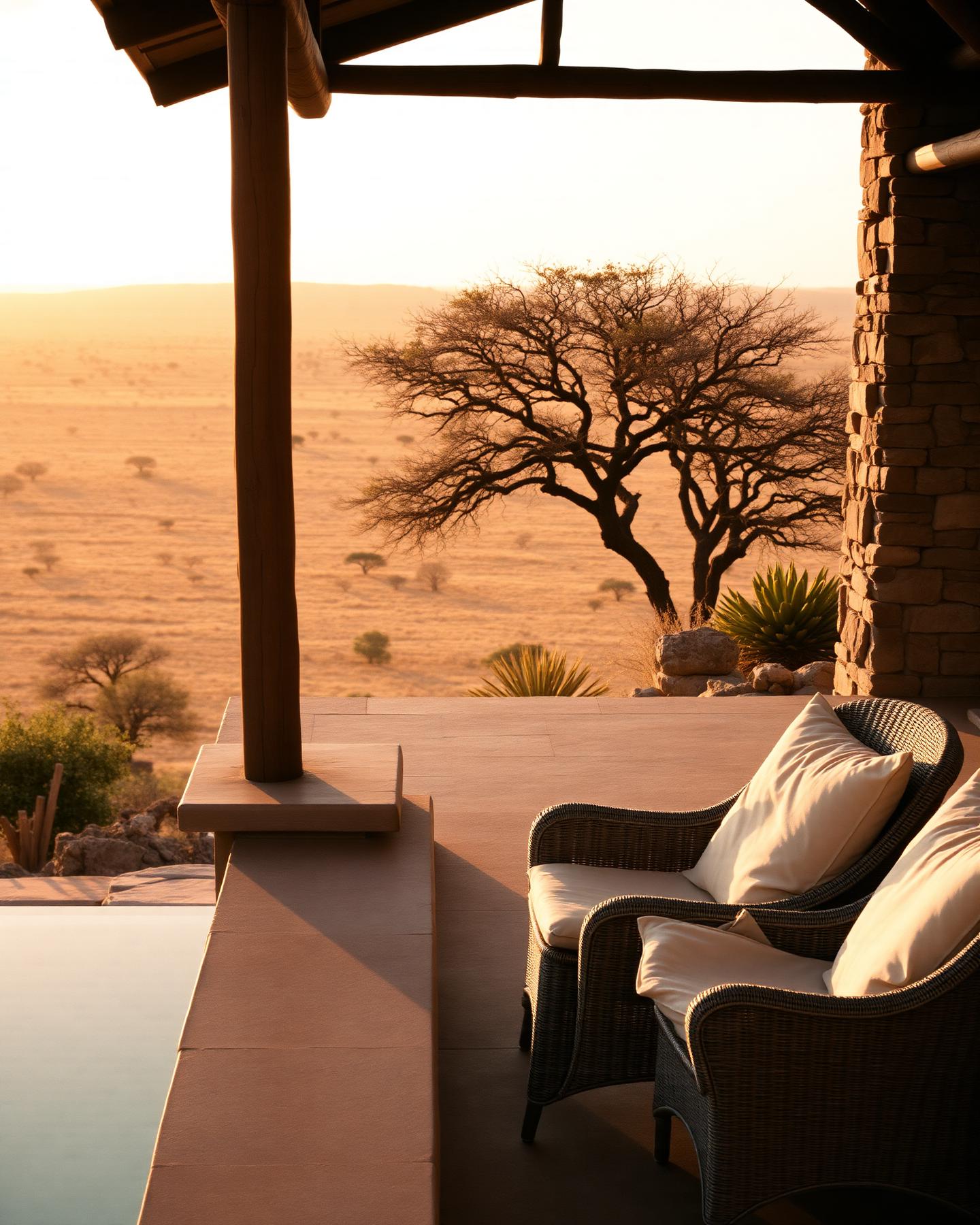 Terrasse einer Safari-Lodge auf einem Hügel mit Blick über die Ebenen der Serengeti
