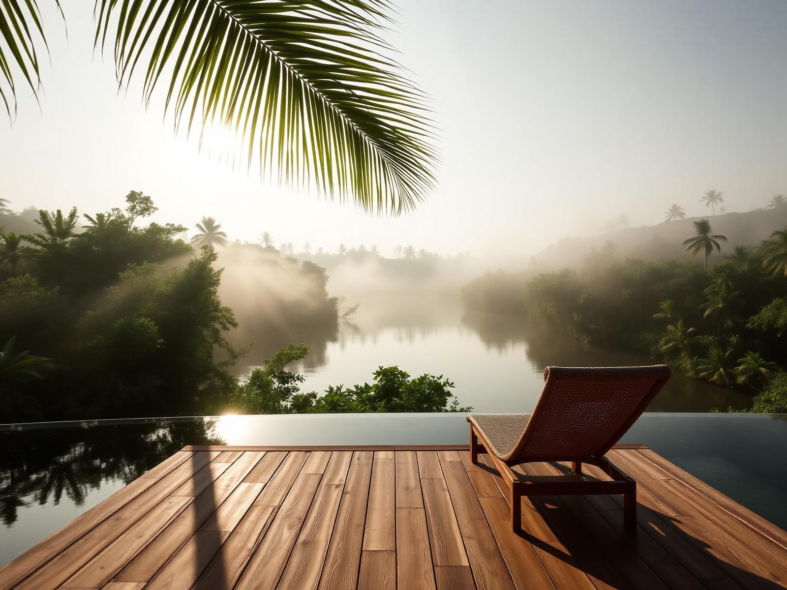 Teak deck and woven lounger above still water with jungle mist at sunrise
