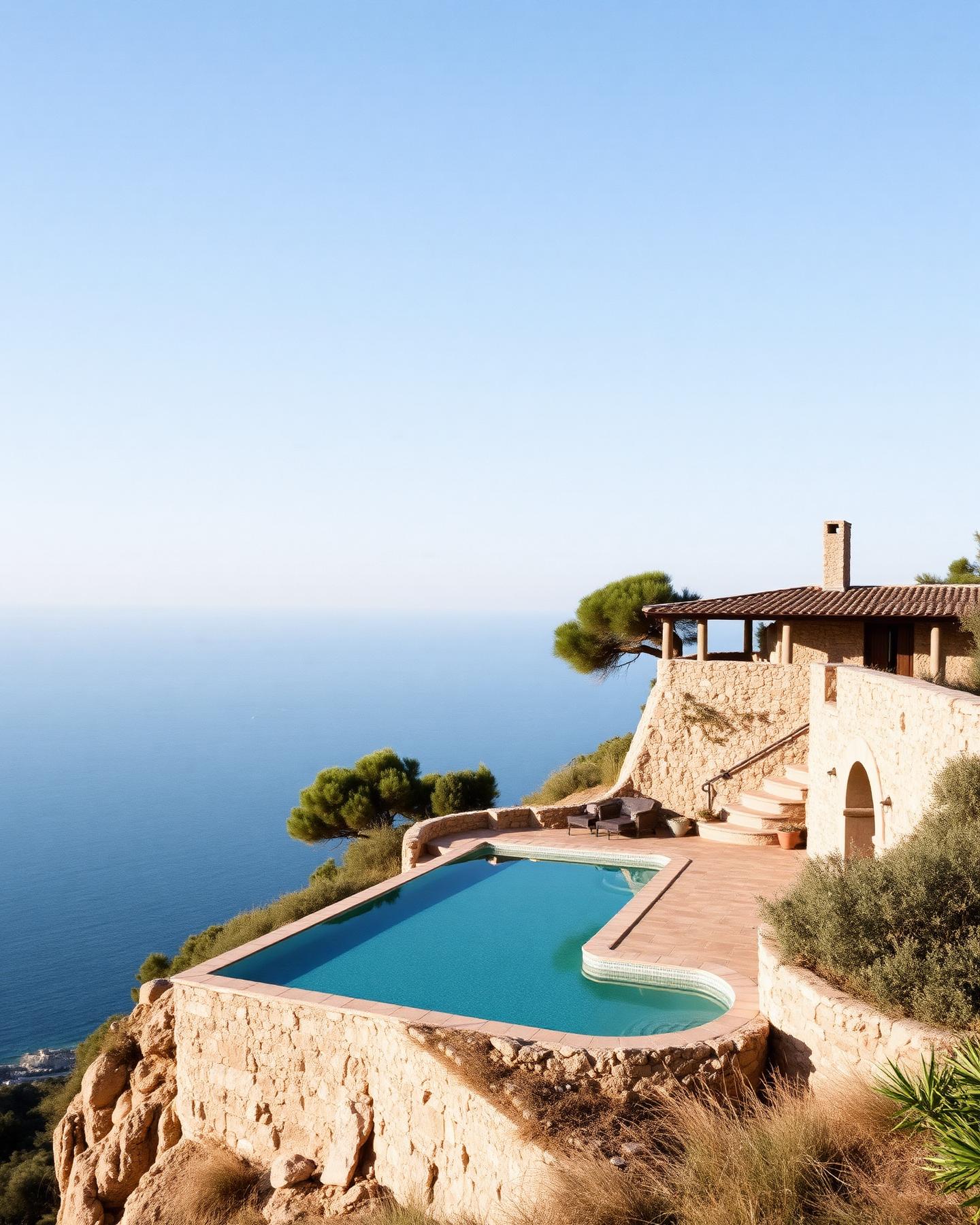 Restauriertes Landgut über der Tramuntana-Küste mit Trockenmauern und Oliventerrassen