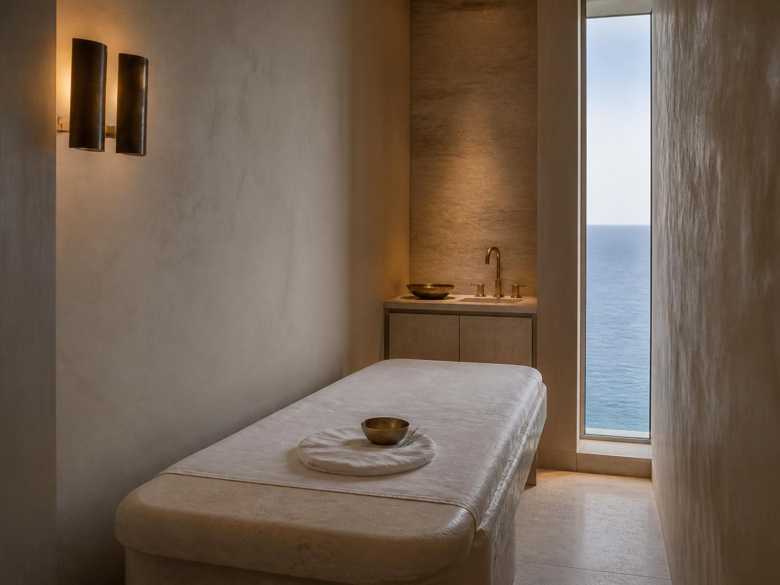 Serene onboard spa room in warm travertine with a stone treatment bed, folded white linen and soft sea light through a narrow window