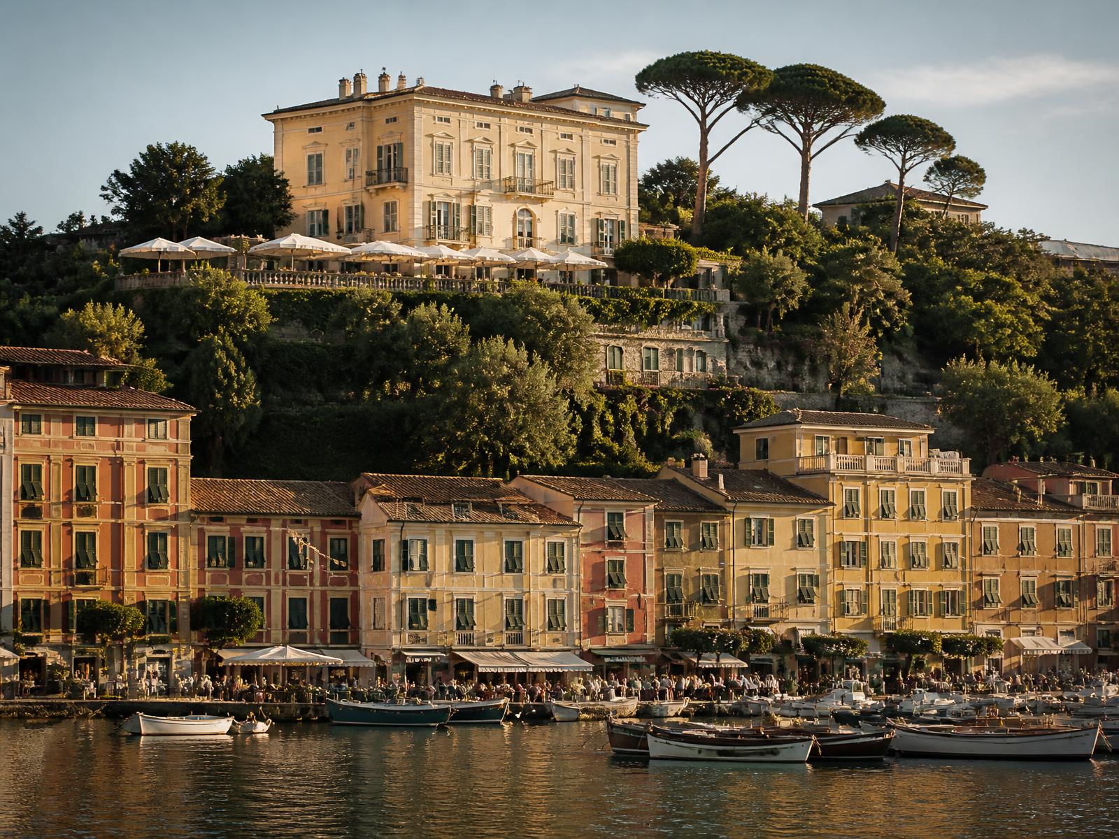 Pale yellow hillside villa hotel with white parasols above the pastel harbour of Portofino at golden hour