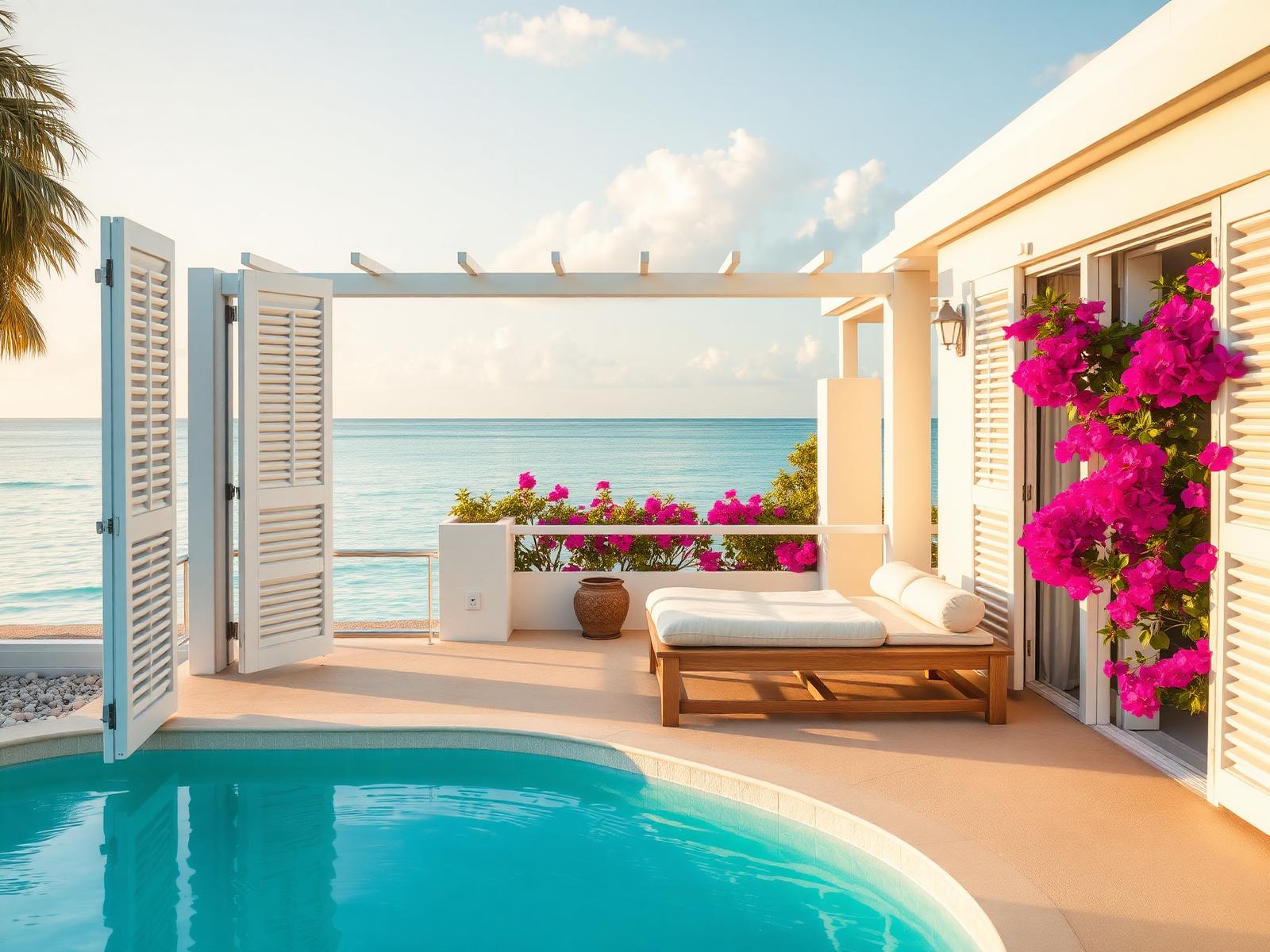 White timber shutters and a linen daybed on a Caribbean villa terrace with bougainvillea and turquoise water