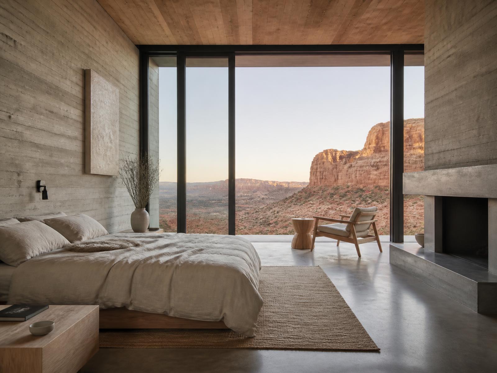 Minimal desert suite with board-formed concrete walls, a low linen bed and floor-to-ceiling glass opening onto red sandstone cliffs at dawn