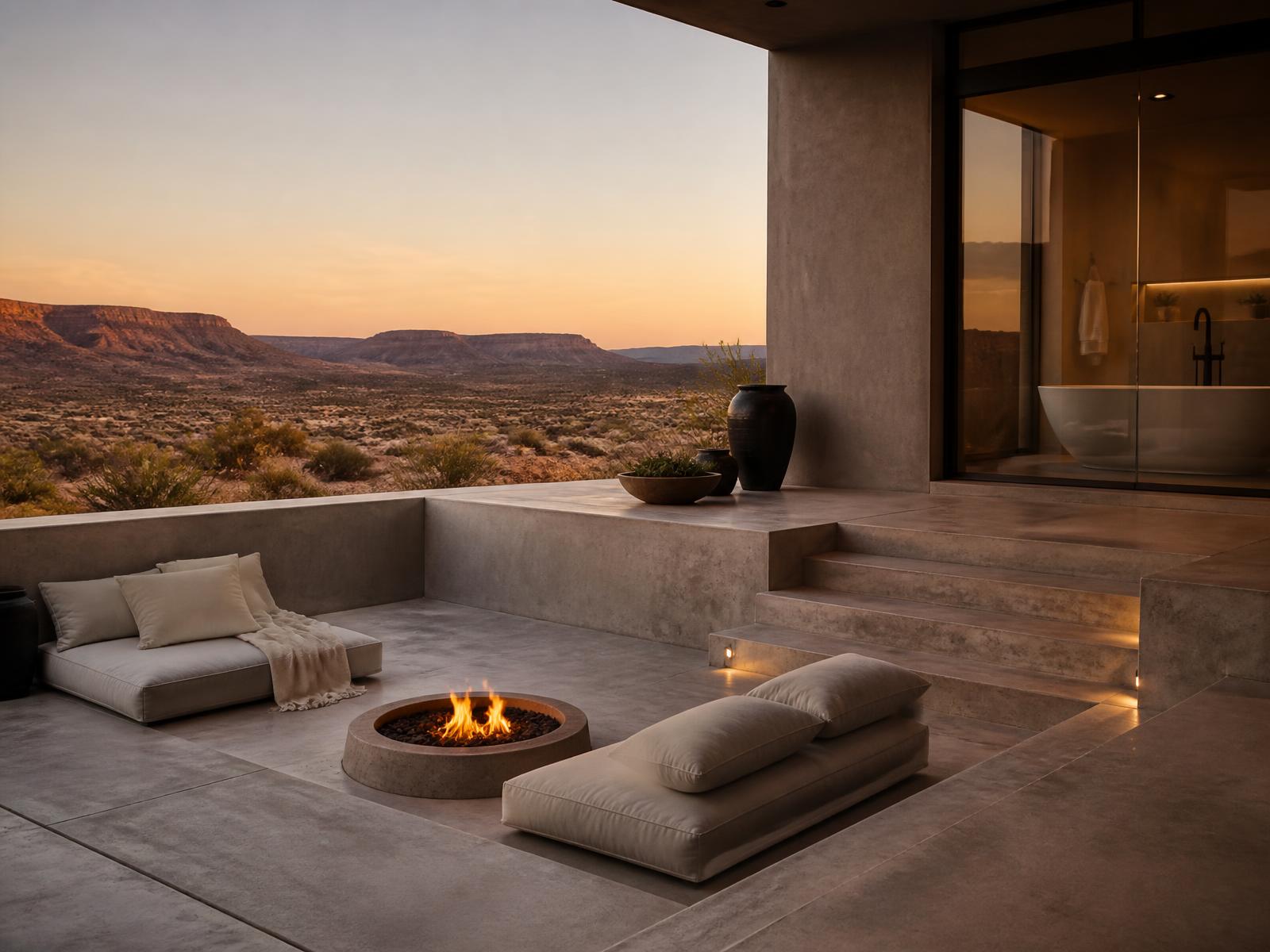 Private concrete terrace with a sunken firepit, low linen daybeds, a deep soaking tub behind glass and the Utah desert horizon at dusk