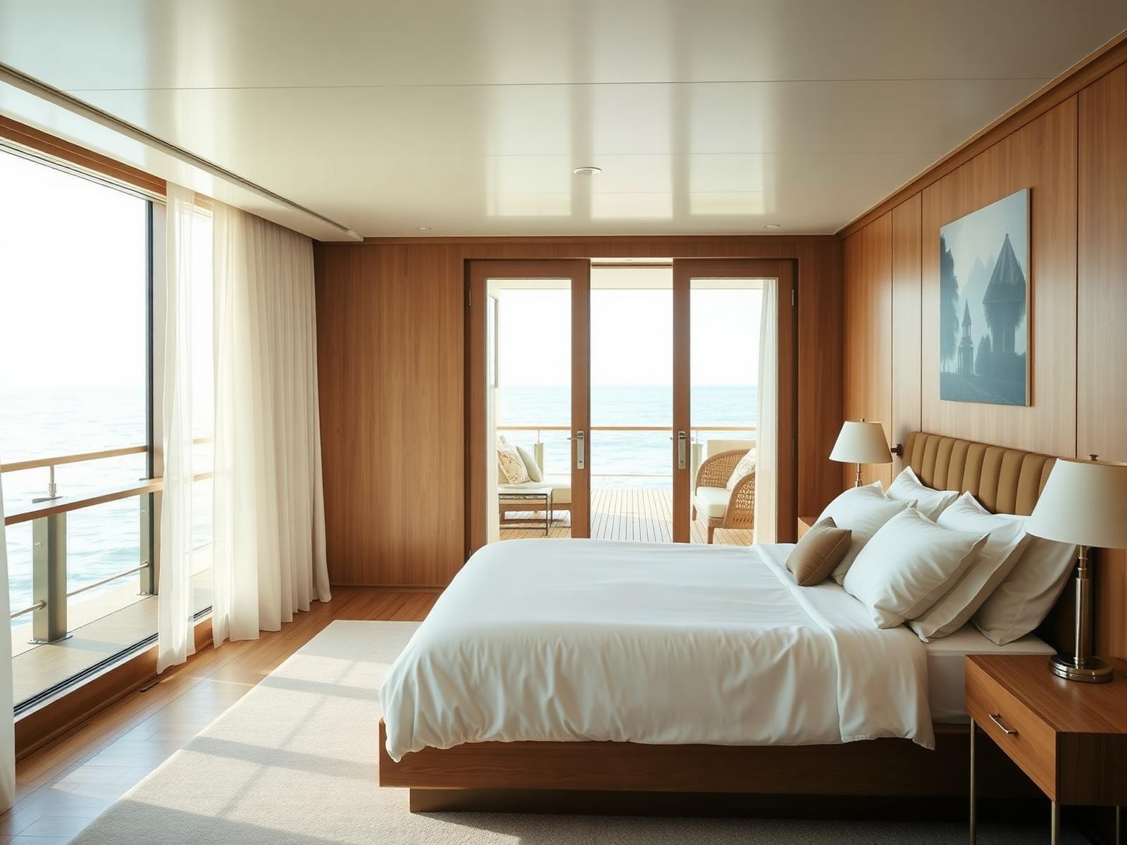 Yacht suite with a large bed in white linen, warm oak panelling and glass doors open onto a private teak terrace above the sea