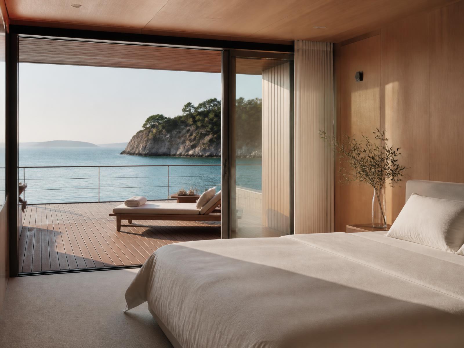 Yacht suite with a low bed in white linen, warm oak panelling and glass doors open onto a private teak terrace above a calm turquoise sea