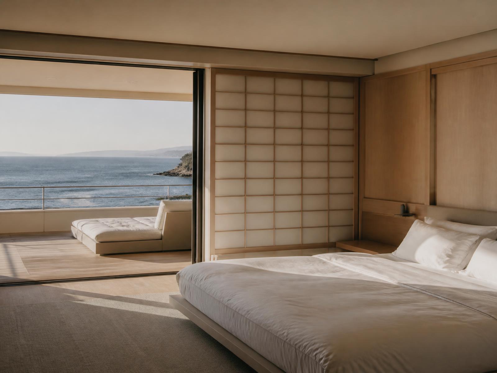 Minimalist yacht suite with a low platform bed, pale timber walls, sliding paper screen and a private terrace open to the sea
